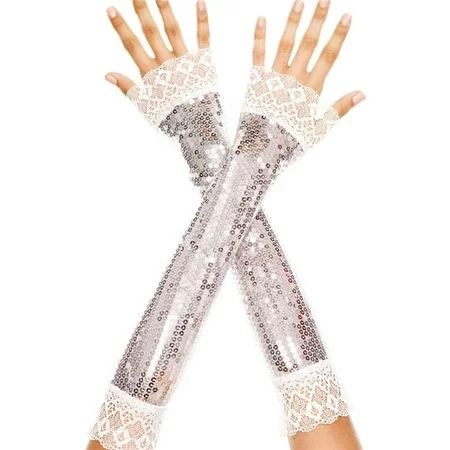 Elbow length sequin with lace trim arm warmer