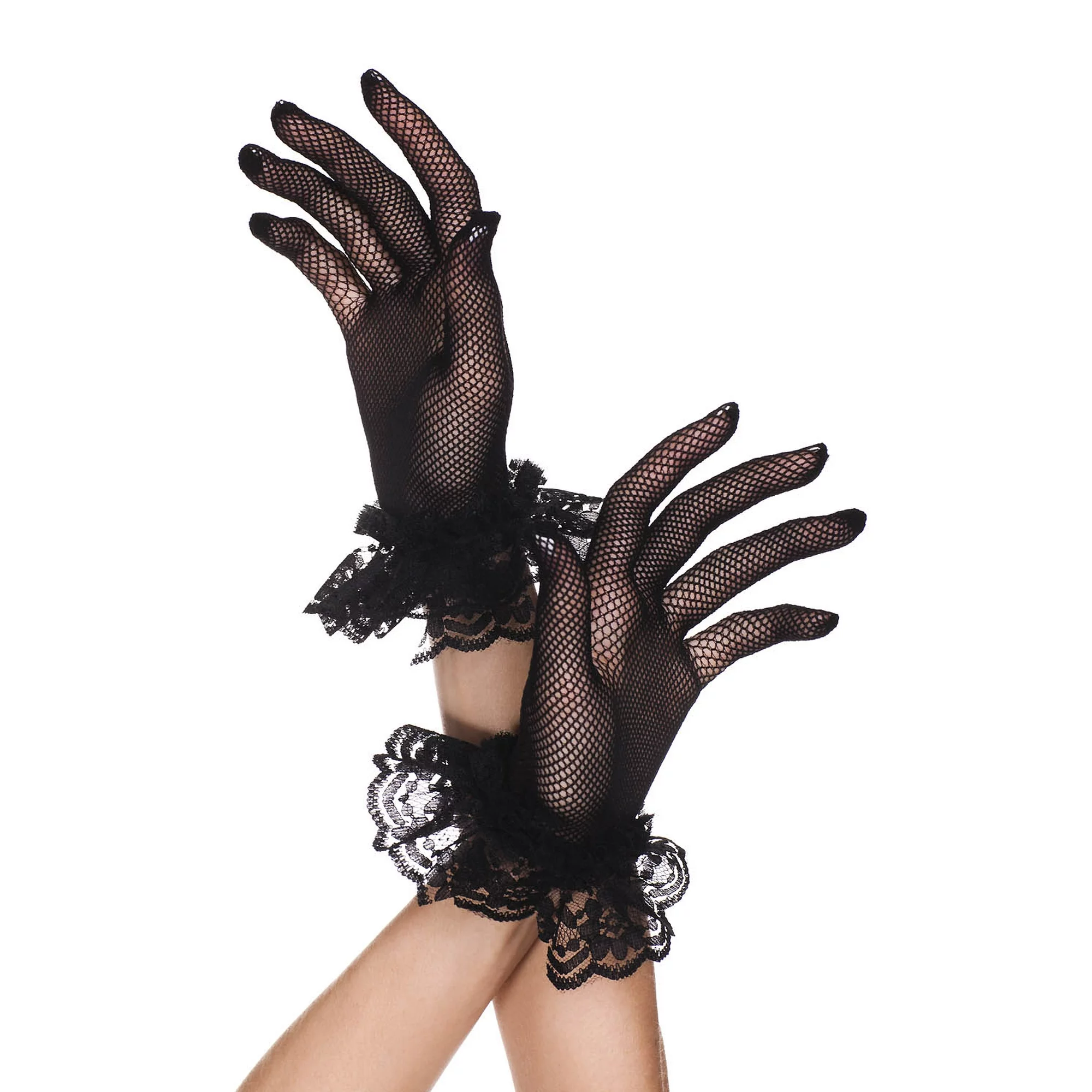Lace ruffle fishnet gloves